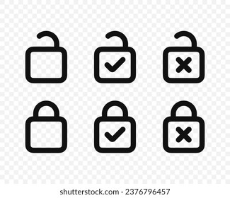 Lock and Unlock icon vector set. Padlock sign and symbol. Security symbol. Open and close Padlock with check mark and cross