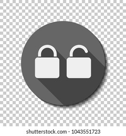 Lock and unlock Icon. White flat icon with long shadow in circle on transparent background