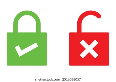 Bloquear y desbloquear iconos. Marca de verificación e iconos cruzados. Icono de diseño de bloqueo y desbloqueo para el Web y el Diseño gráfico. Vector del icono de la cerradura aislado en el fondo blanco. Ilustración vectorial. Archivo Eps 74.