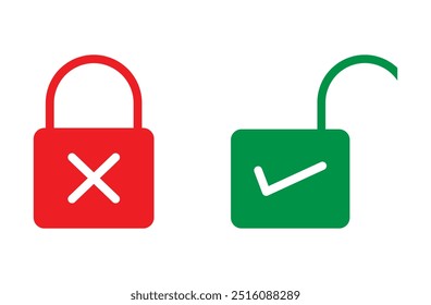 Bloquear y desbloquear iconos. Marca de verificación e iconos cruzados. Vector del icono de la cerradura aislado en el fondo blanco. Icono de diseño de bloqueo y desbloqueo para el Web y el Diseño gráfico. Ilustración vectorial. Archivo Eps 69.