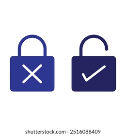 Lock and unlock icons. Design icon lock and unlock for web and graphic design. Check mark and cross icons. Lock icon vector isolated on white background. Vector illustration. Eps file 64.