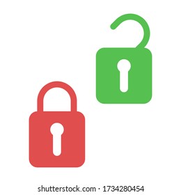 Lock and unlock. Icons of open and closed padlock. Security with key or password. Lock for door or safe. Symbol safety, privacy and secret. Protection in web and internet. Secure code of login. Vector