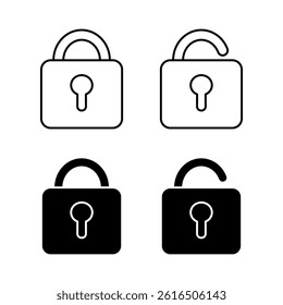 Lock and unlock icons in outline and fill shape silhouette. Vector illustration isolated on white background