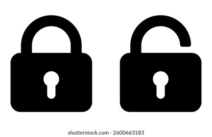 Lock and unlock icons. Simple black shapes. Closed and open padlock symbols. Safety and security concept. Flat vector graphic design illustration.