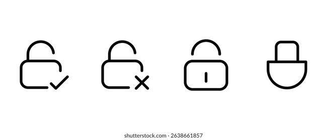 Lock and Unlock line icon set. Padlock, security, privacy, access control, password, encryption, open lock, closed lock, web UI, mobile app, data protection vector. Thin PNG and transparent icon pack.