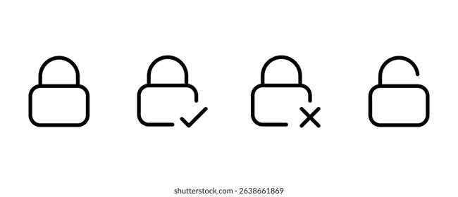 Lock and Unlock line icon set. Padlock, security, privacy, access control, password, encryption, open lock, closed lock, web UI, mobile app, data protection vector. Thin PNG and transparent icon pack.