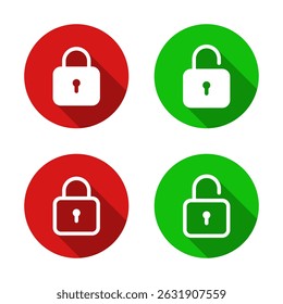 Lock and unlock padlock icon with long shadow. Security, privacy protection symbol