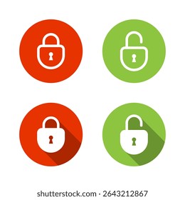 Lock and unlock padlock icon with long shadow. Data encryption sign symbol