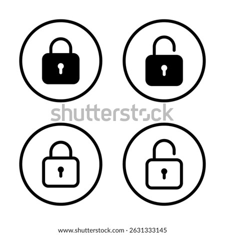 Lock and unlock padlock icon on circle line. Security, privacy protection sign symbol