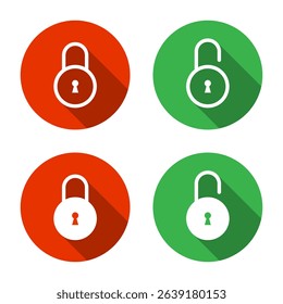 Lock and unlock padlock icon set with long shadow. Security padlock, privacy protection sign symbol