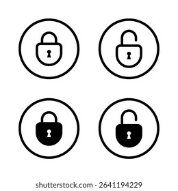 Lock and unlock padlock icon set on circle line. Data encryption sign symbol