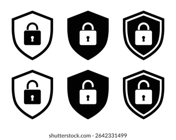 Lock and unlock padlock icons in black and white color. Shield security symbols. Privacy access protection, outline and solid vector illustration.