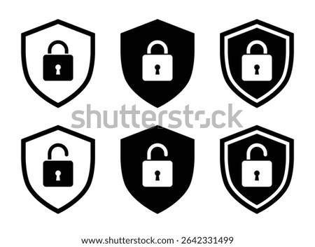 Lock and unlock padlock icons in black and white color. Shield security symbols. Privacy access protection, outline and solid vector illustration.