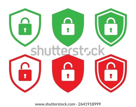 Lock and unlock padlock icons in green and red color. Shield security symbols. Privacy access protection, outline and solid vector illustration.