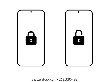 Lock and unlock padlock on smartphone screen icon. Security phone sign symbol