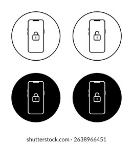 Lock and unlock padlock on smartphone screen icon on black circle. Security mobile phone sign symbol
