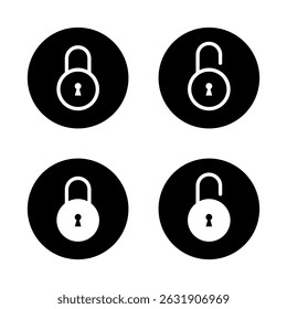 Lock and unlock padlock set icon on black circle. Security, privacy protection sign symbol