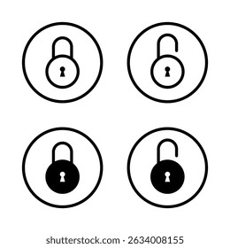 Lock and unlock padlock set icon on circle line. Security, privacy protection sign symbol