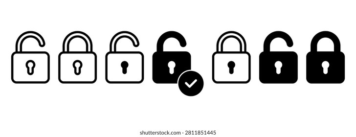 Lock Unlock Security Icon Collection : Set of lock and unlock padlock icons in outline and solid black styles. for security, privacy, access, password, verification, and protection concepts.	