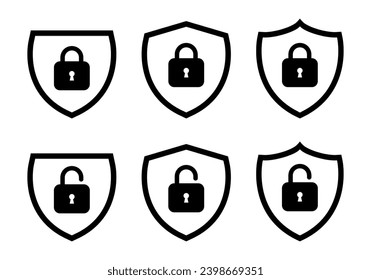 Lock and unlock shield icon set collection. Safeguard symbol vector