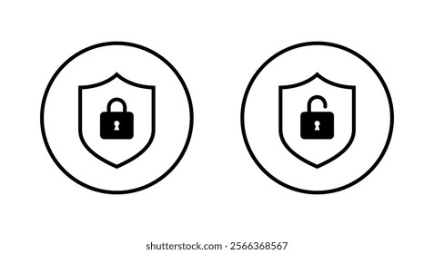 Lock and unlock with shield outline icon on circle line. Secure, protection sign symbol
