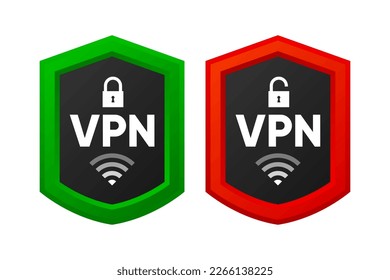 Lock and unlock shield VPN. Protecting personal data with VPN service. Private network, cyber security, secure web traffic, data protection. Vector illustration.
