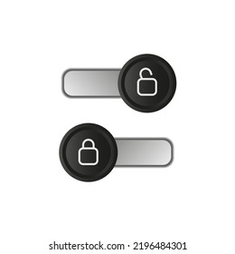  lock and unlock slide buttons set vector illustration. User web interface elements with shadow in Neumorphism minimal elegant design, open and closed padlock on sliders of website menu