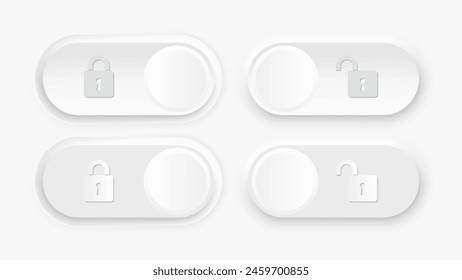 Lock and Unlock Slide in Neomorphism and Neumorphism Design. Skeuomorphic Lock and Unlock Switch for Mobile Applications and Web Pages. Vector Illustration.