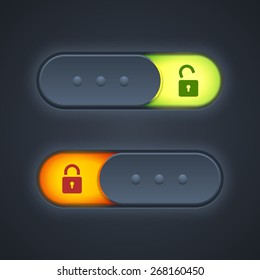 Lock or unlock switcher in 3d style with backlight. Vector illustration.