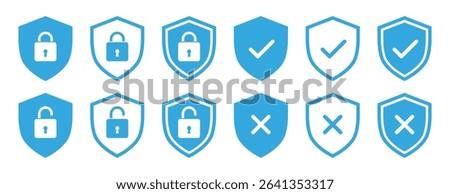 Lock, unlock, tick, cross mark security shield icons set outline and solid vector style in blue color. Shield security symbols. Privacy access protection, outline and solid vector illustration.