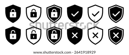 Lock, unlock, tick, cross security shield icons outline and solid vector style in black and white color. Shield security symbols. Privacy access protection, outline and solid vector illustration.