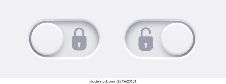 Lock and Unlock toggle switch buttons with open lock and closed lock icon. Material design switch buttons set. Vector illustration.