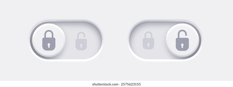 Lock and Unlock toggle switch buttons with open lock and closed lock icon. Material design switch buttons set. Vector illustration.