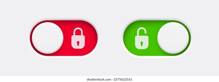 Lock and Unlock toggle switch buttons with open lock and closed lock icon. Material design switch buttons set. Vector illustration.