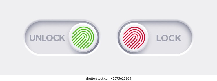 Lock and Unlock toggle switch buttons with fingerprint icon. Material design switch buttons set. Vector illustration.