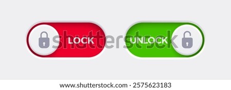 Lock and Unlock toggle switch buttons with open lock and closed lock icon. Material design switch buttons set. Vector illustration.