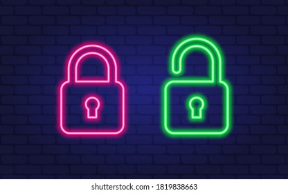 Lock unlock vector icon neon style. Concept flat icons padlock. Vector illustration