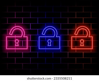 Lock unlock vector icon neon style. Concept flat icons open padlock. Vector illustration. green, red, yellow, pink, blue, orange