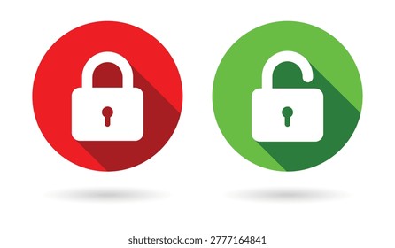Lock and Unlock vector icon set with long shadow. Privacy and secure symbol. Lock silhouette. Vector illustration.