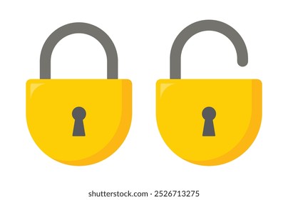 Lock and unlock vector illustration with bottom round style in yellow color on white background. Lock icon collection. Locked and unlocked icon set. Flat security symbol. Vector illustration.