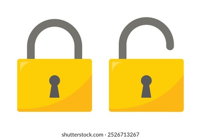 Bloquear y desbloquear la Ilustración vectorial en color amarillo sobre fondo blanco. Colección de icono de bloqueo. Conjunto de iconos bloqueados y desbloqueados. Símbolo de seguridad plano. Ilustración vectorial.