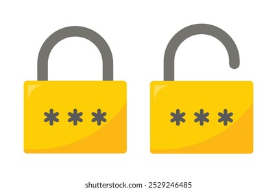 Bloquear y desbloquear el Vector con la ilustración de la Contraseña de la estrella en color amarillo sobre fondo blanco. Conjunto de iconos de Vector de pin de bloqueo de privacidad.