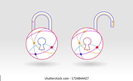 Bloquear y desbloquear el fondo del icono del concepto de candado de conexión de tecnología global