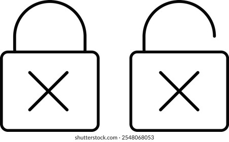 Bloquee y desbloquee con el conjunto de iconos de marca cruzada. Símbolos de contorno del escudo de seguridad con marca de verificación. Cerradura con cruz simple 
