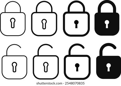Conjunto de iconos de bloqueo y desbloqueo. Símbolos del contorno del escudo de seguridad. Cerradura simple.
