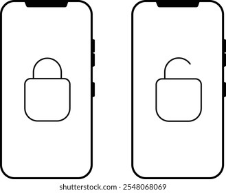 Bloquear y desbloquear con el conjunto de iconos del teléfono móvil. Concepto de libertad de negocios y viajes de Tecnología. Bloquear y desbloquear iconos