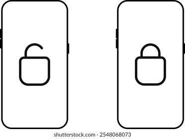 Bloquear y desbloquear con el conjunto de iconos del teléfono móvil. Concepto de libertad de negocios y viajes de Tecnología. Bloquear y desbloquear iconos