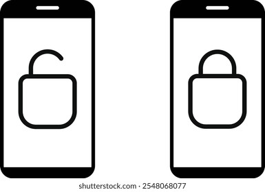 Bloquear y desbloquear con el conjunto de iconos del teléfono móvil. Concepto de libertad de negocios y viajes de Tecnología. Bloquear y desbloquear iconos