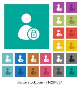 Lock user account multi colored flat icons on plain square backgrounds. Included white and darker icon variations for hover or active effects.