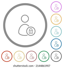 Lock user outline flat color icons in round outlines on white background